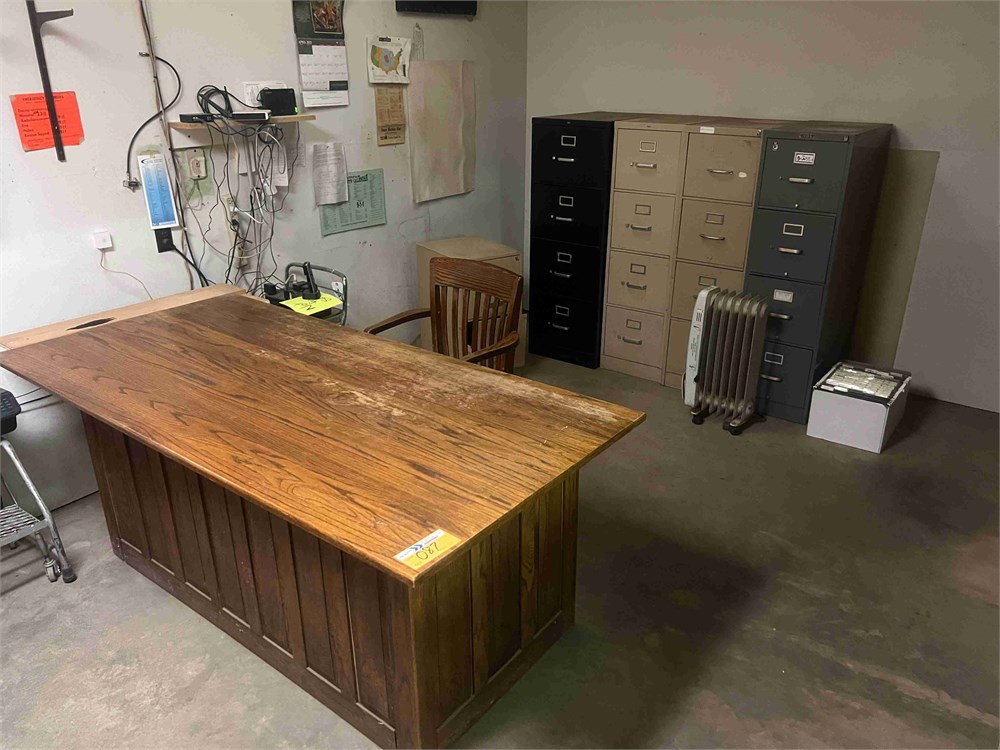 Desk, File Cabinets, Trophy Case