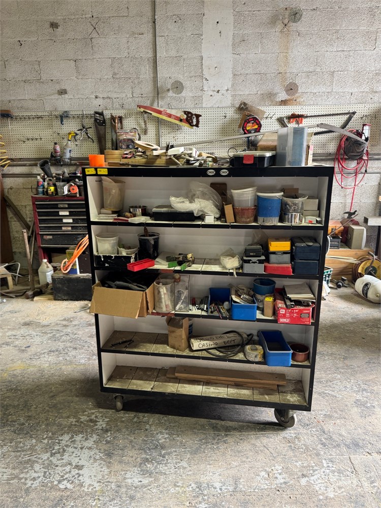 Rolling Storage Shelf with Assorted Supplies and Hardware