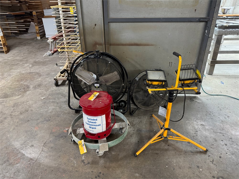 (2) Fans, oily Rag Can, Barrel Dolly & Lights - as pictured