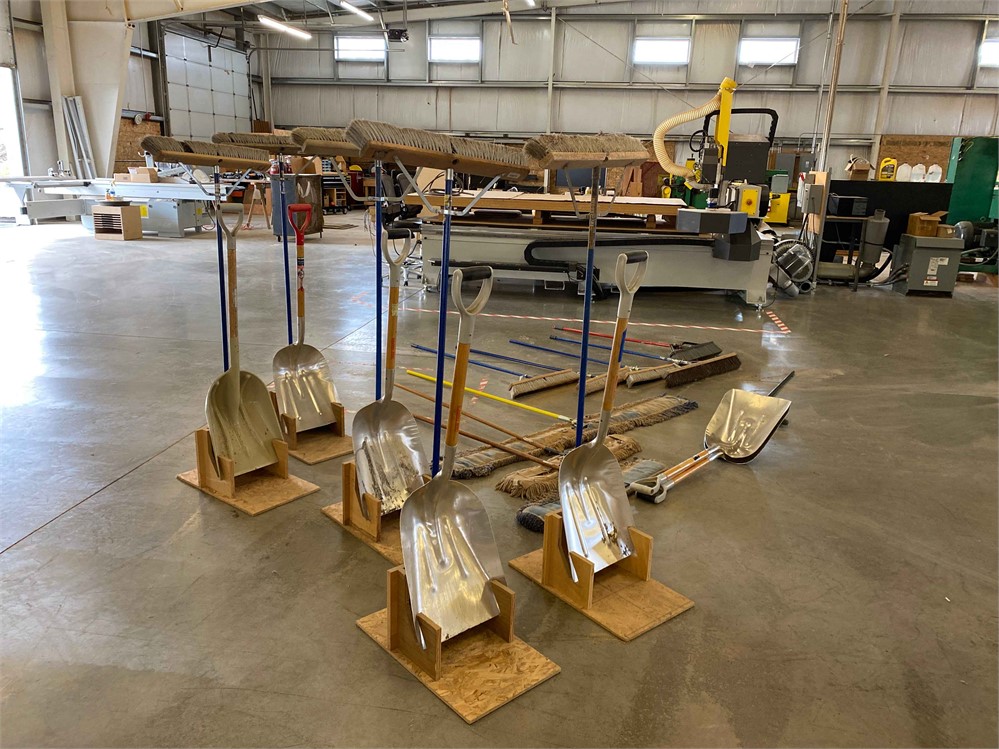 Assortment of Brooms, Dust Mops and Shovels