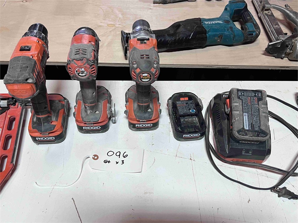 Three (3) Ridgid Cordless Drills with Charger