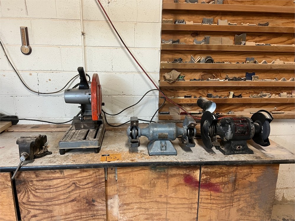 (2) Bench Grinders, Cut-off Saw & Vise