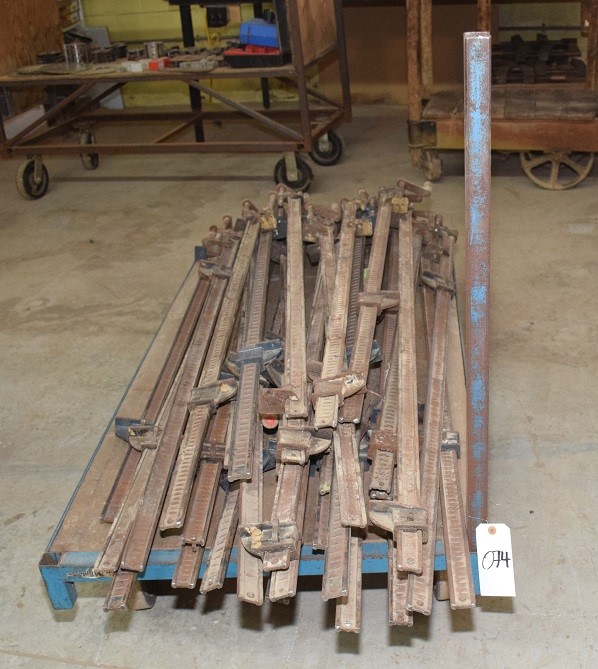 LOT# 074  CLAMPS & CART * APPROX 32 CLAMPS & METAL CART ON CASTERS