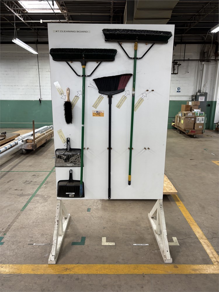 Lot of Brooms & Dust pans & Stand as pictured