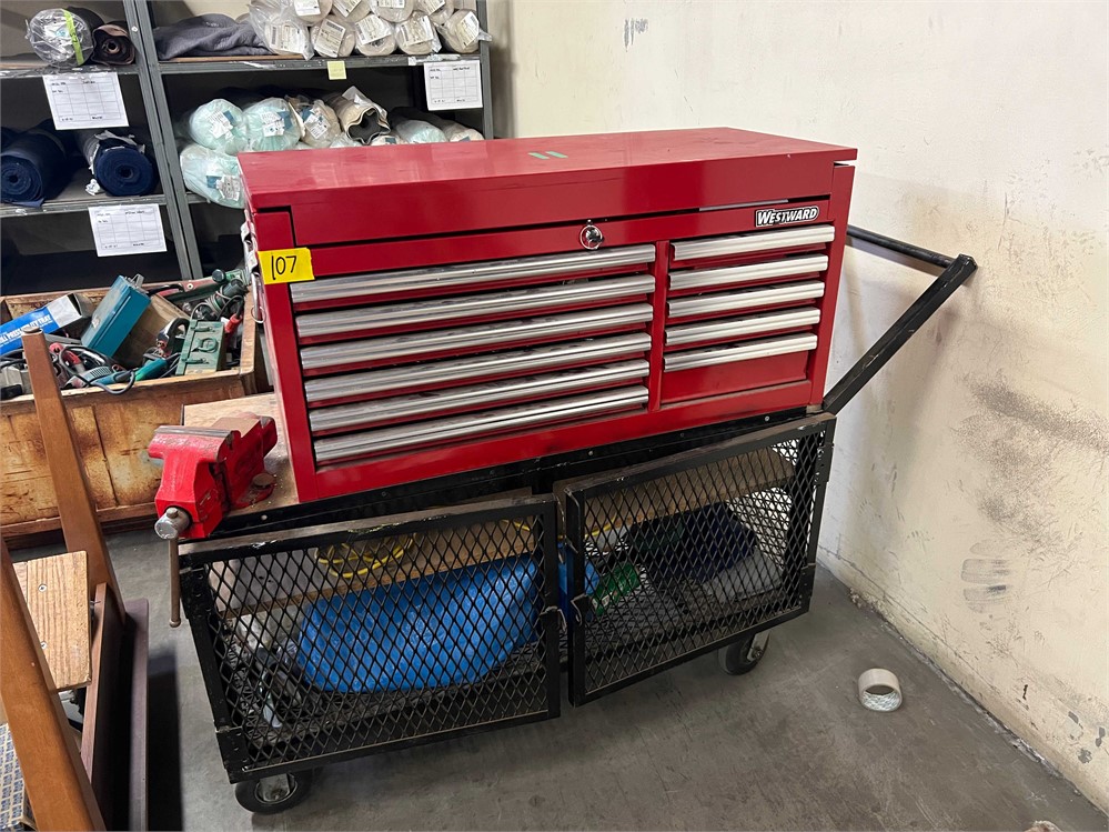 Tool Box and Contents on Cart with Vise