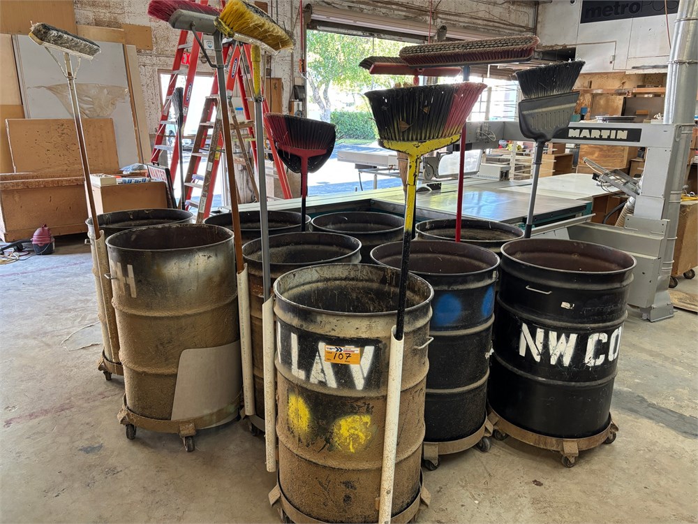 Lot of (9) Trash Cans and Brooms as pictured