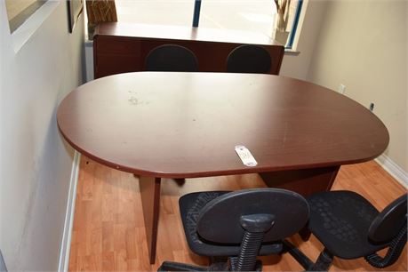 ROUND TABLE, (4) CHAIRS, CABINET & SHELF UNIT