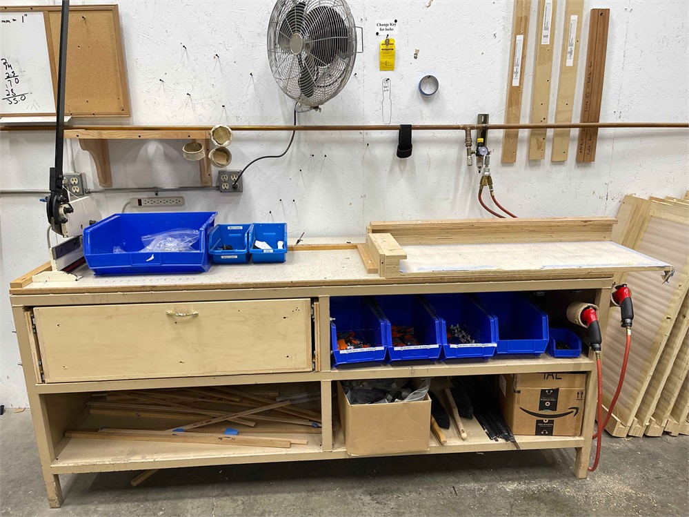 Wooden Work Bench with Contents and Two (2) Pneumatic Drivers