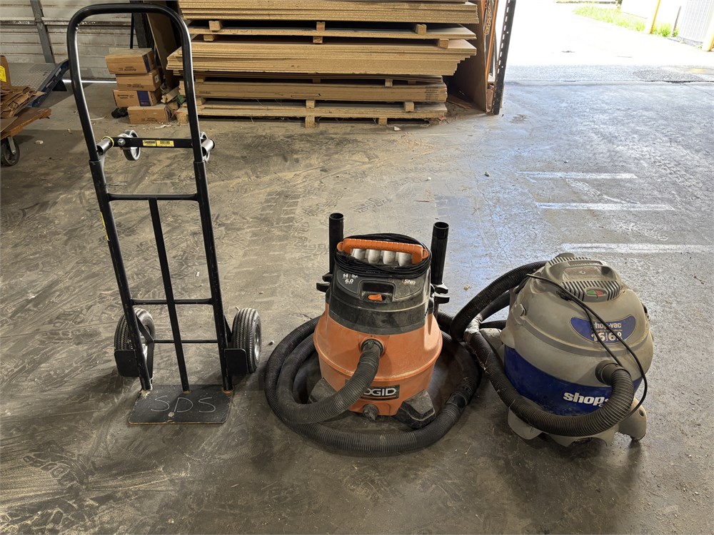 Lot of (2) Shop Vacuums & Hand Truck as picture