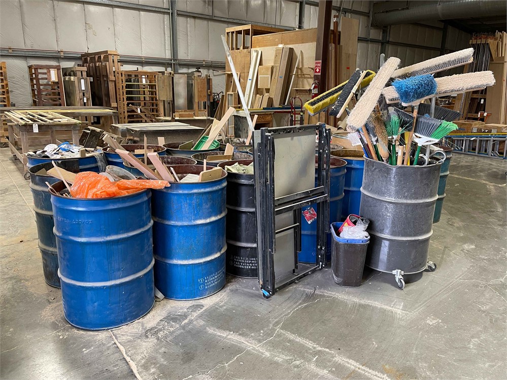 Metal Barrels, Plastic Trash Cans and Brooms