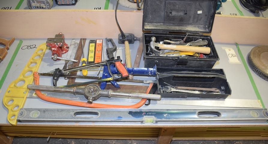 LOT OF MISC TOOLS * LEVELS, SQUARES, SAW, HAMMERS, ALLAN KEYS, WRENCHES  ETC