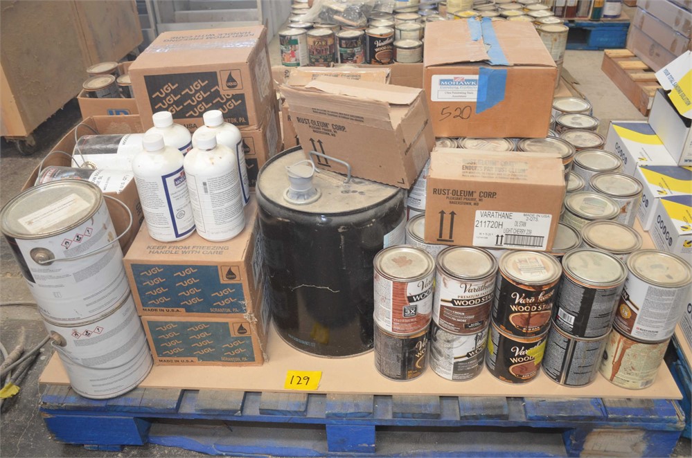 3 pallets of misc paint, finish, and stain
