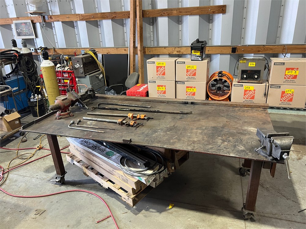 Rolling metal work table, vise & clamps