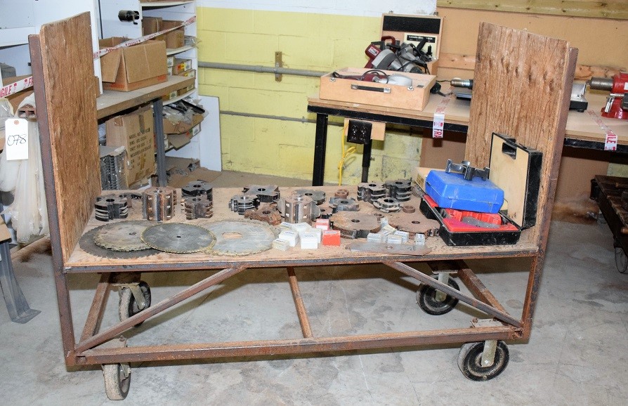 LOT# 078  LOT OF TOOLING (CUTTERS, SAW BLADES ETC) & CART