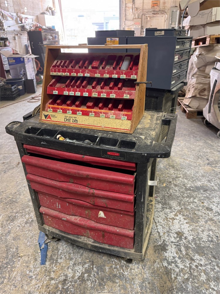Rolling Tool Cart with Drill Bit Display Rack and Mixed Drill Bits