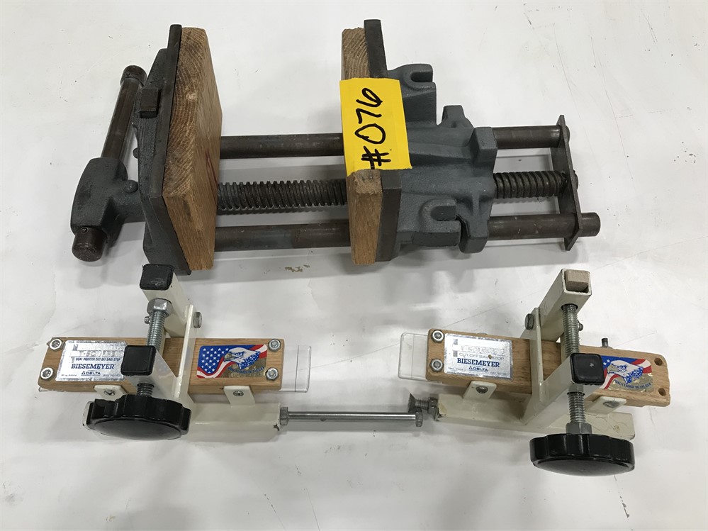 Lot of (2) Biesmeyer stops and table mounted vise.