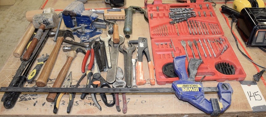 LOT OF MISC TOOLS * IRWIN CLAMP, DRILL SET, HAMMERS, WRENCHES ETC ETC