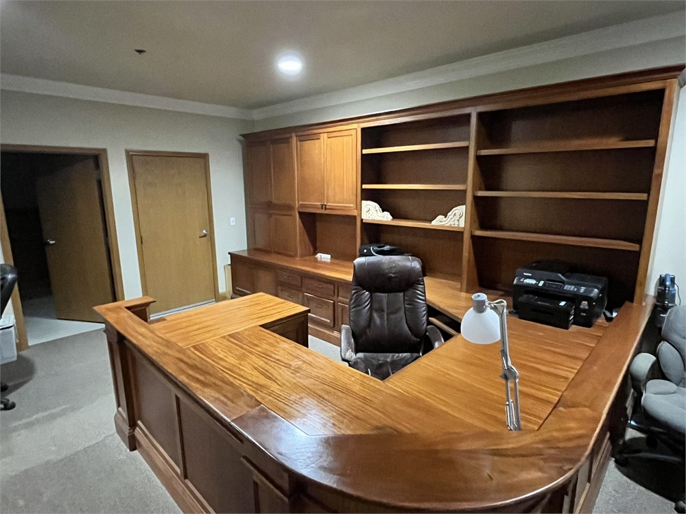 Office Desk with Two Printers, Chair, and Loveseat