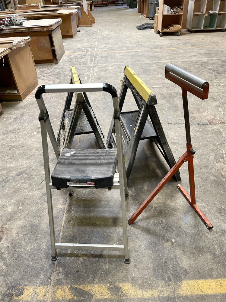 Two (2) Saw Horses, Roller Stand and Step Ladder