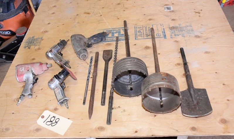 LOT OF MISC TOOLS & TOOL ATTACHMENTS * HAMMER DRILL, HOLE BORE ETC ETC