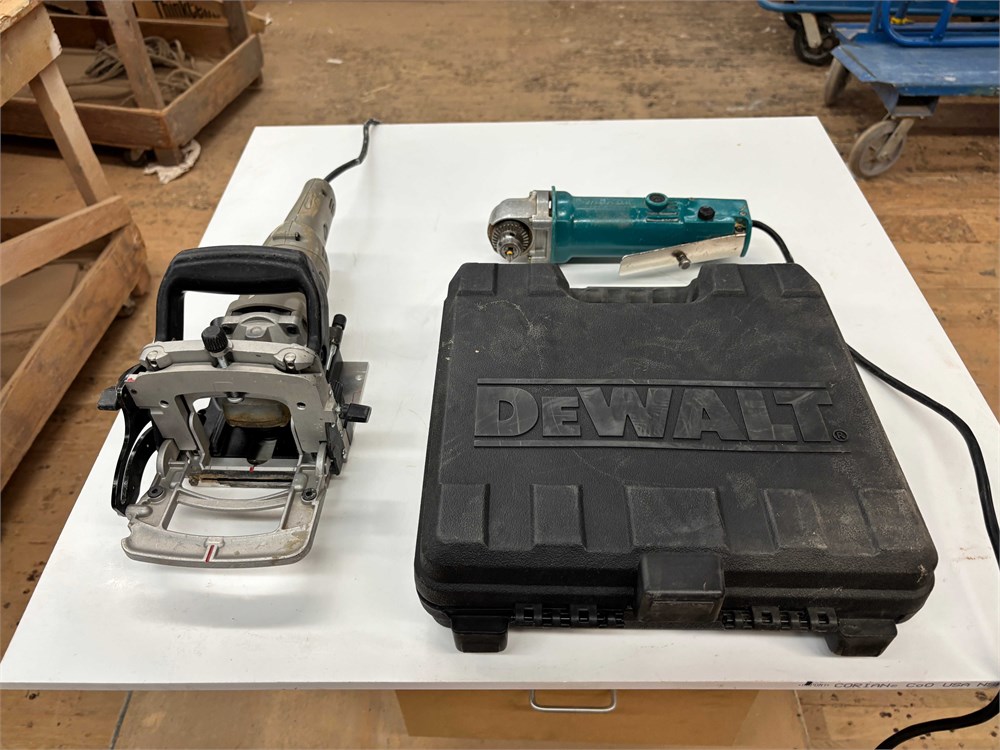 Porter-Cable Biscuit Joiner, Makita Angle Drill, and DeWalt Brad Nailer Kit