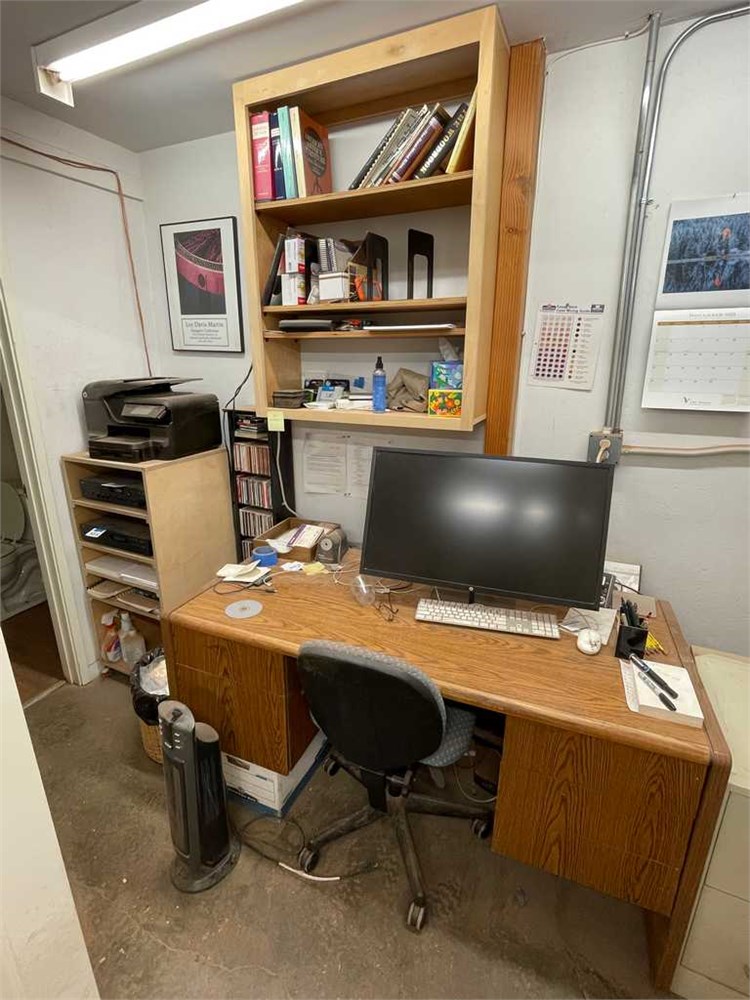Desk, Chair, Filing Cabinet, Printer, Monitor, and Heater