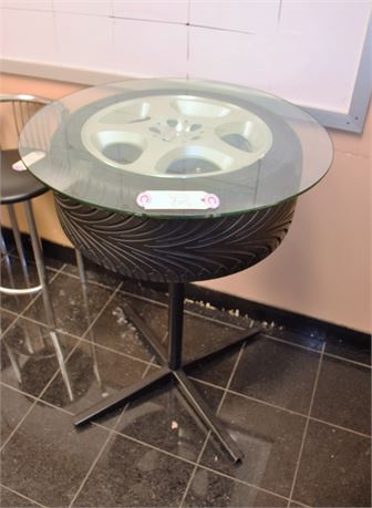 CUSTOM ROUND TABLE WITH MERCEDES BENZ TIRE & (3) CHAIRS
