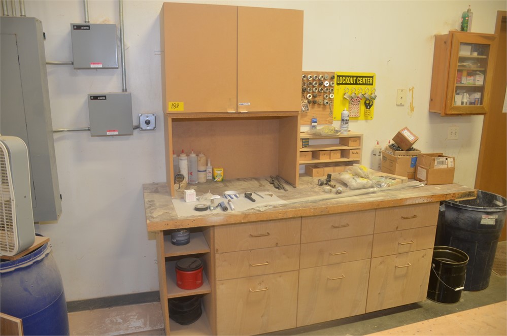 Work bench, router bits, tooling cabinet