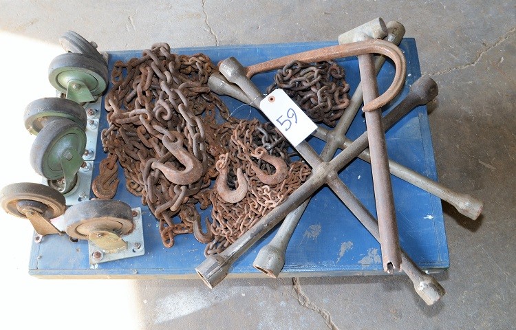 MIXED LOT * CART, CHAINS & HOOKS, TIRE IRONS, CASTERS