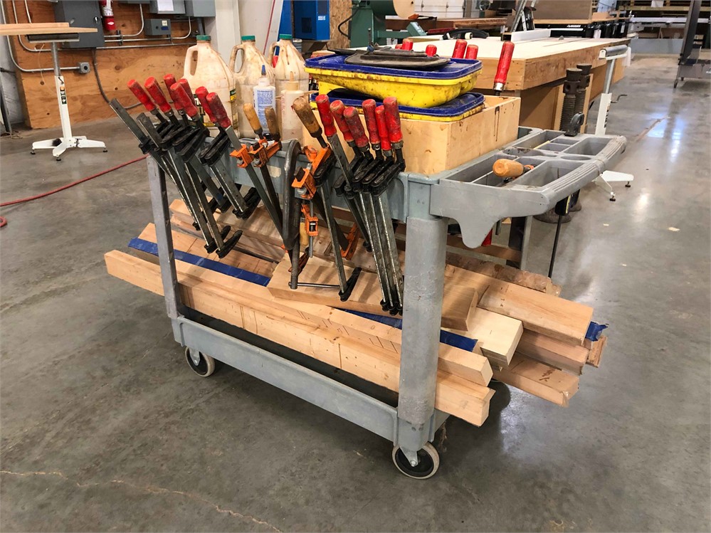 Assortment of Bar/Pipe and Hand Clamps with Mobile Cart
