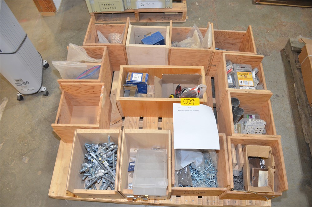 Pallet of misc Machine screws, draw bolts, dowels, tape measures