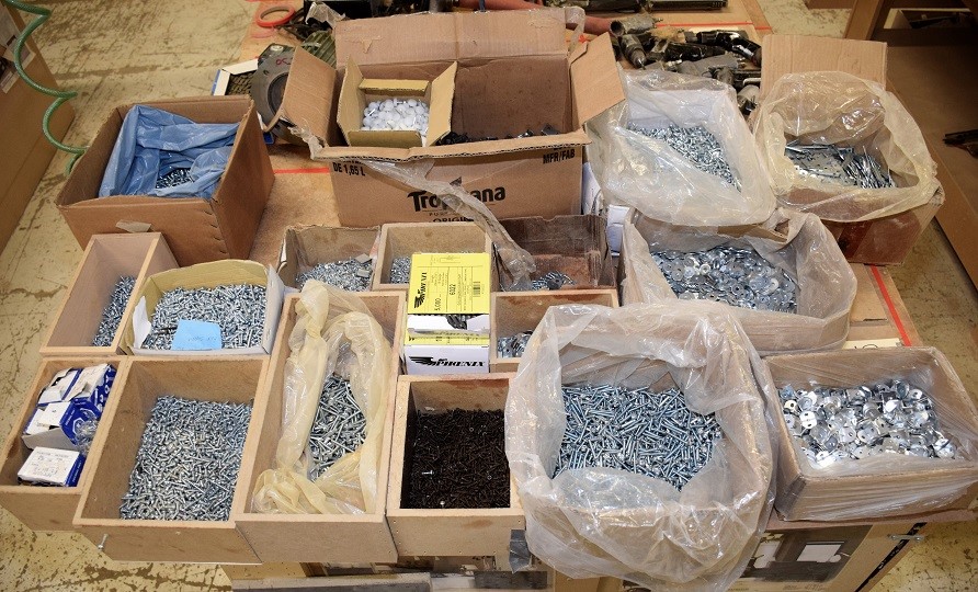 LARGE MIXED LOT OF WOOD SCREWS, FASTENERS, STAPLES, WASHERS ETC ETC