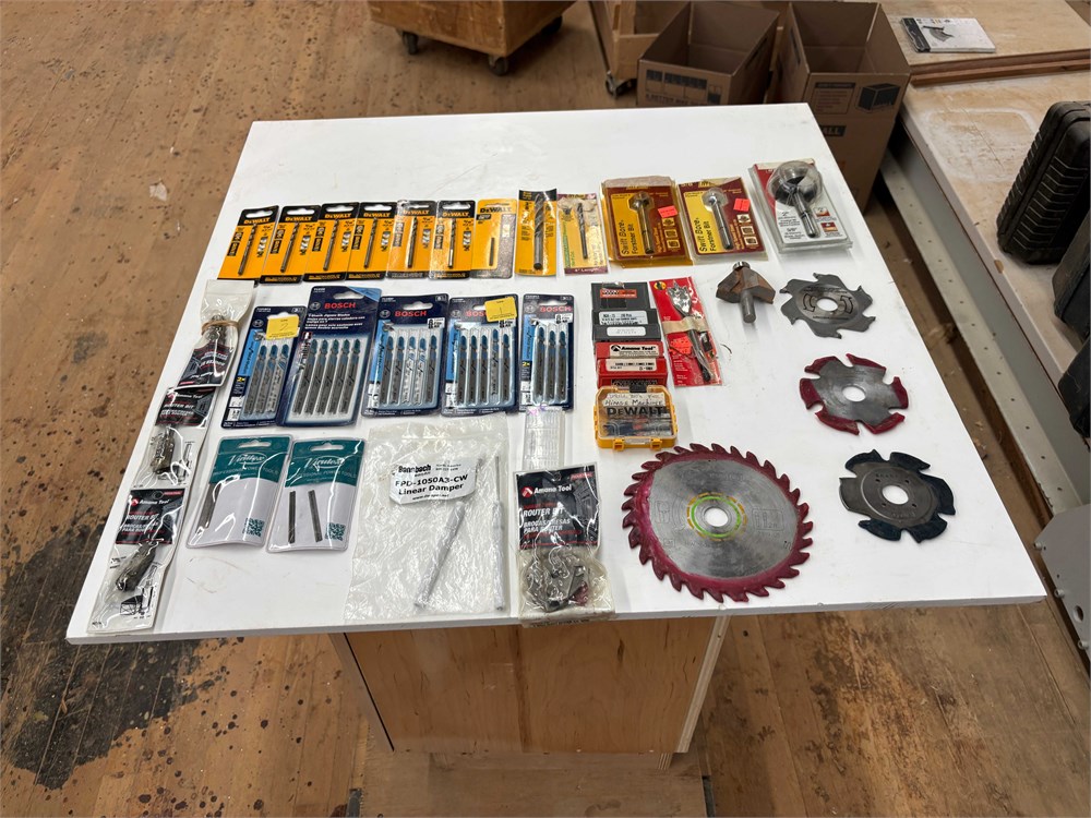 Assorted Woodworking Blades, Router Bits and Drill Bits
