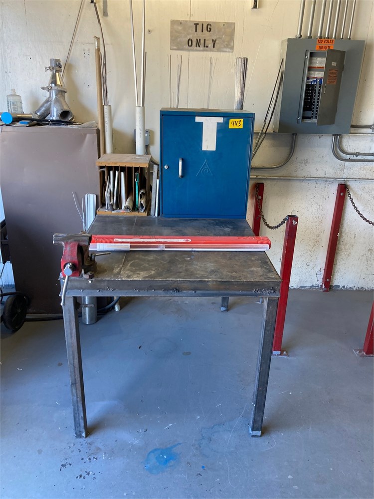 Workbench, vise, and storage cabinet