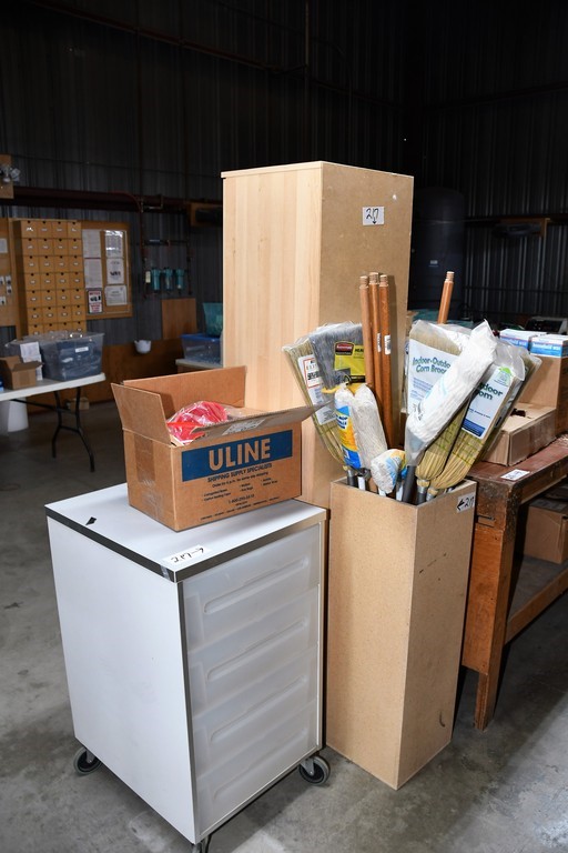 MISC. LOT OF STORAGE CABINETS, BROOMS, BROOM STICKS, AND OTHER ITEMS
