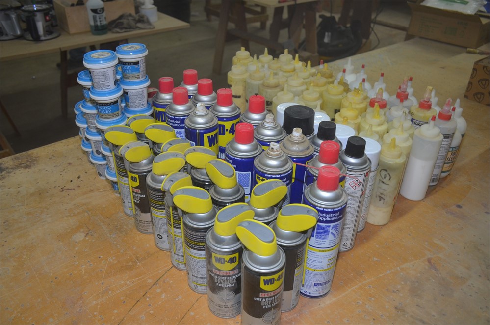 Lot of glue bottles, WD40, wood putty